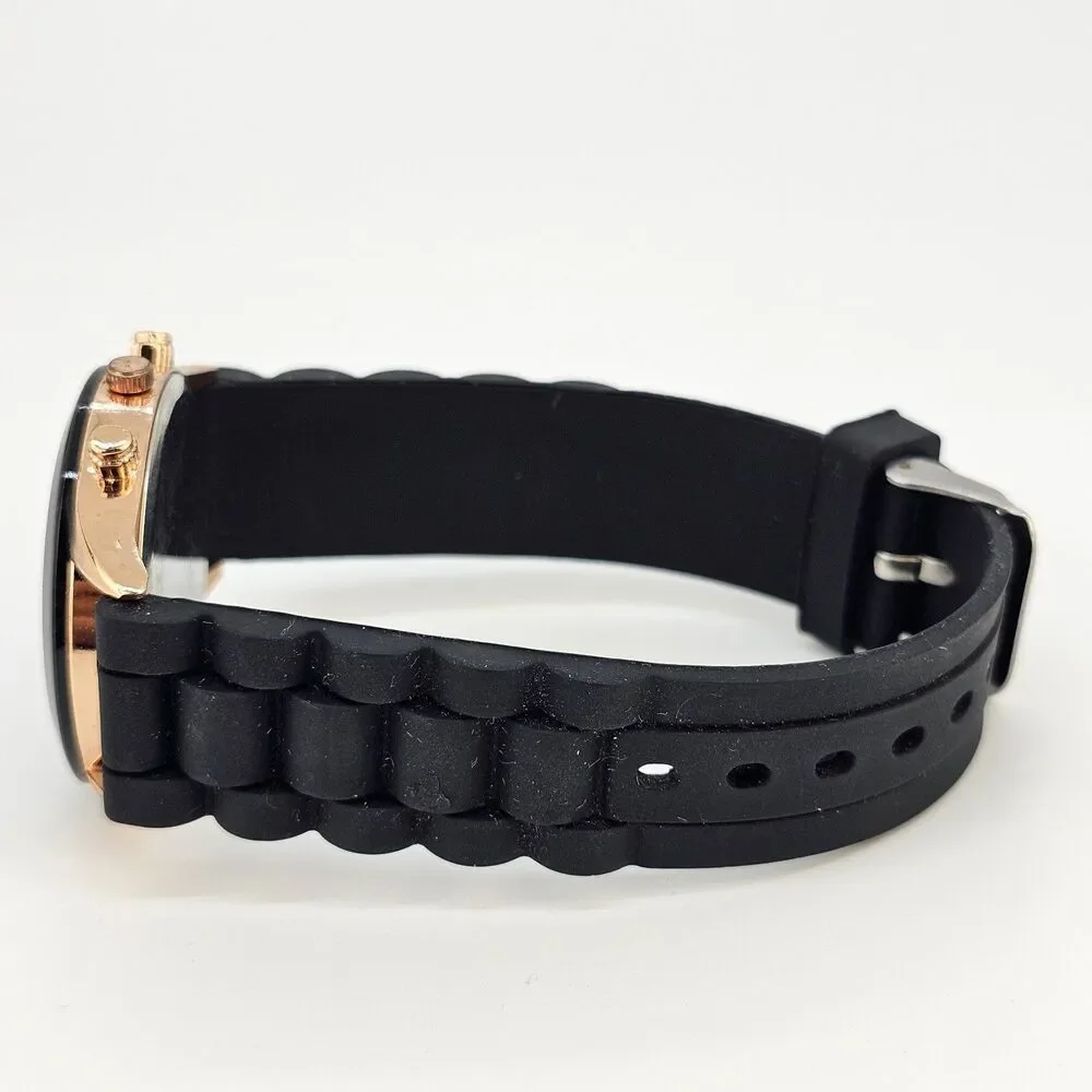38MM Women's Watch Analog 38MM Black Dial Gold Case Black Plastic Bands New Batt